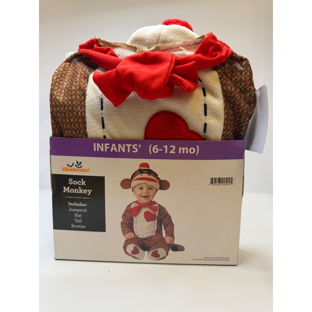 Way to Celebrate Sock Monkey Infant Costume 4pc Set 6-12 Mo Jumpsuit Hat Tail